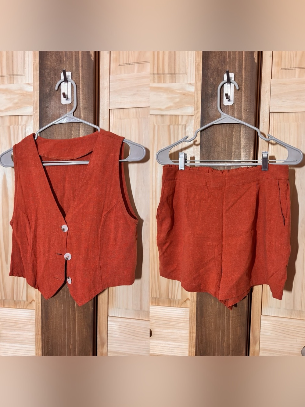 SHEIN Rust-Toned Linen-Blend Vest & Shorts Set